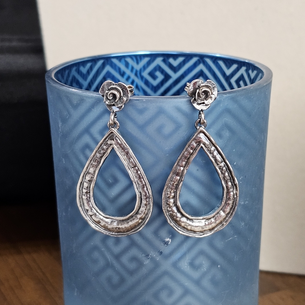 Or Paz PZ ISRAEL 925 Oxidized Hammered Silver Rose Flower Teardrop Post Earrings - Picture 2 of 9